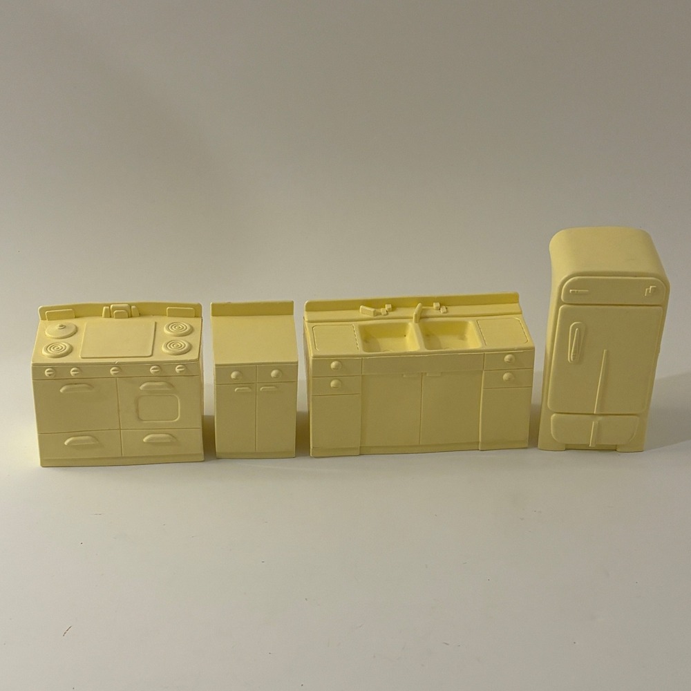 VTG Marx Toys Plastic Dollhouse Kitchen Furniture Set Yellow 4 Piece MCM 50s
